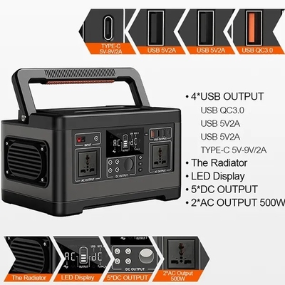 500W বড় ক্ষমতা বহনযোগ্য আউটডোর পাওয়ার স্টেশন ব্যাটারি 520Wh